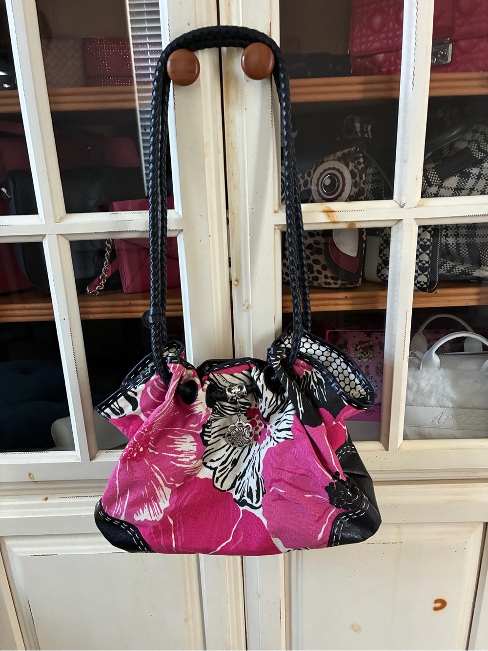 Brighton Pink Floral Drawstring Hobo with Black Accents